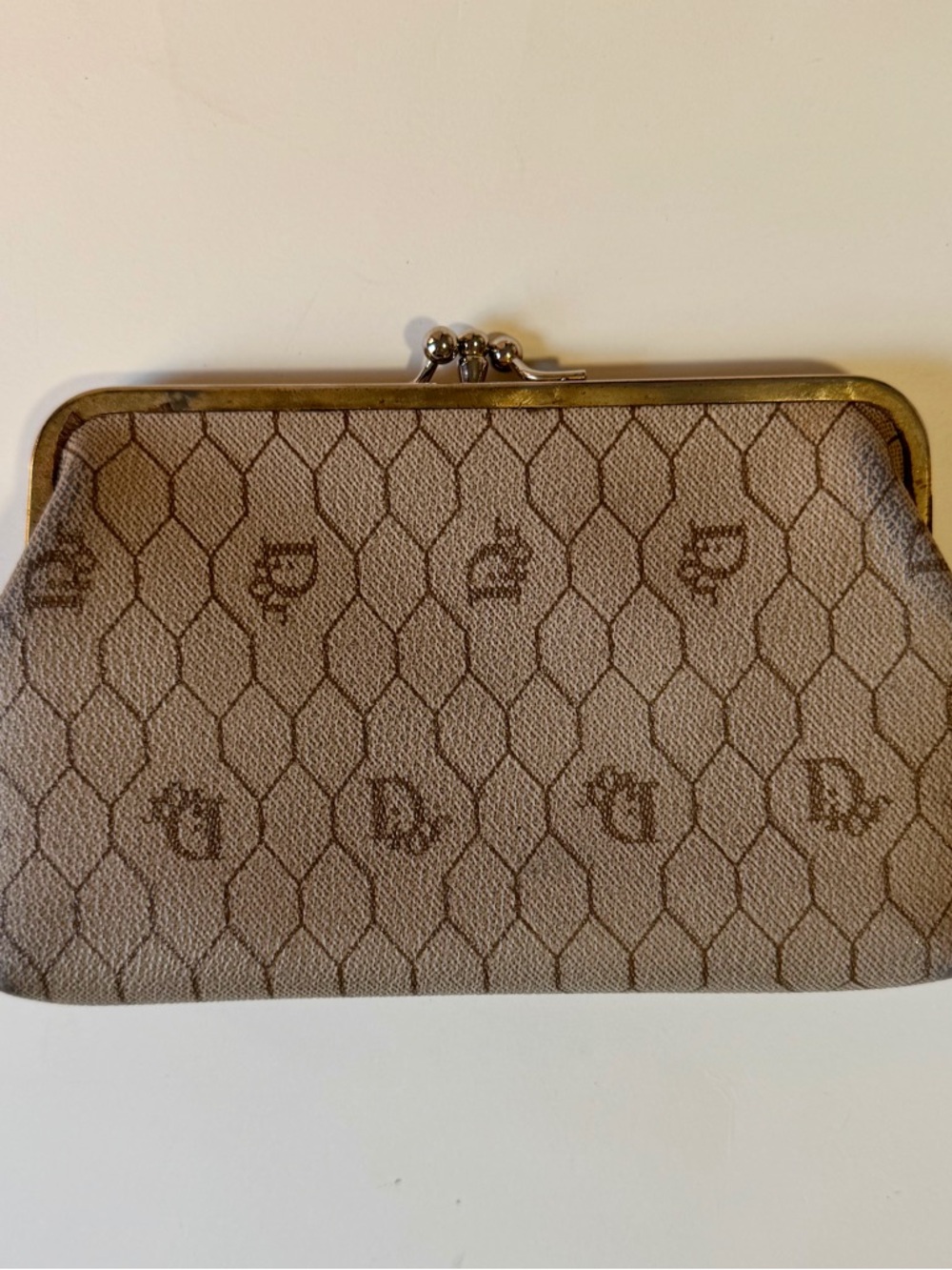 Dior Beige Monogram Frame Clutch with Gold-Tone Trim